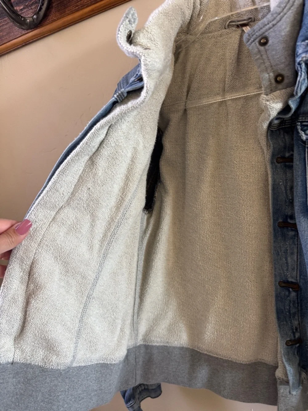 Free People Light Blue Distressed Denim Jacket with Heather Gray Hoodie - Picture 7 of 14